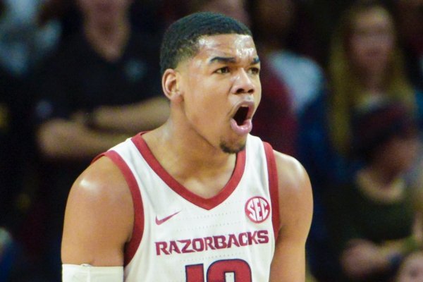 Arkansas Razorbacks guard Mason Jones (13) reacts during a basketball game, Saturday, February 16, 2019 at Bud Walton Arena in Fayetteville.