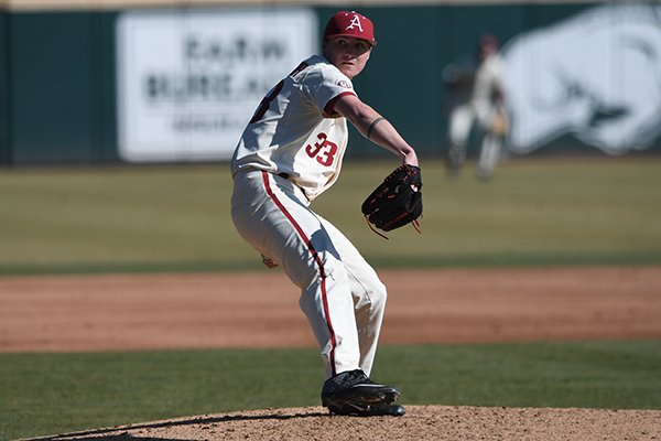 Arkansas pitcher Patrick Wicklander throws during a game against Eastern Illinois on Sunday, Feb. 17, 2019, in Fayetteville.