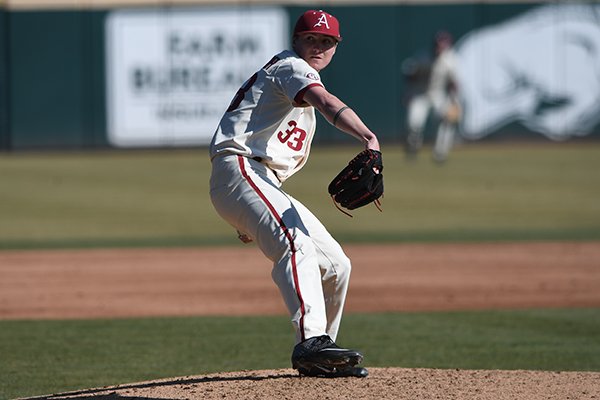 Arkansas pitcher Patrick Wicklander throws during a game against Eastern Illinois on Sunday, Feb. 17, 2019, in Fayetteville. 