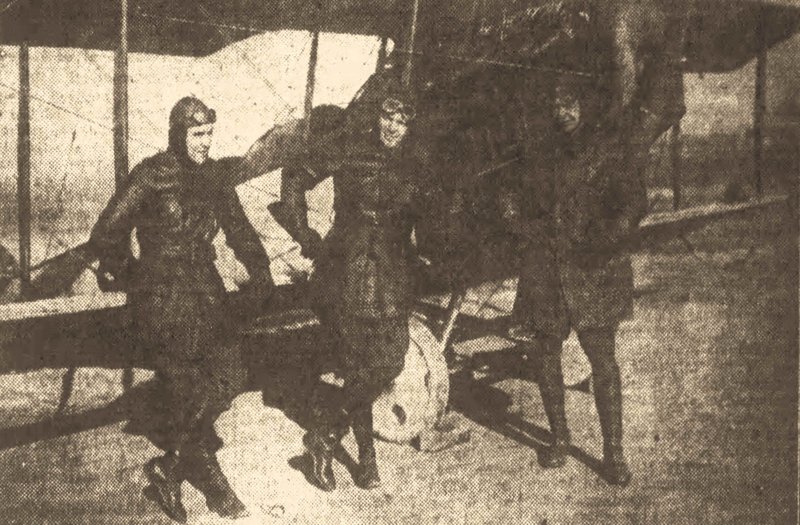 Lieutenants Lenihan, Lee and Johnson pose beside one of the planes they flew over Little Rock while publicizing the Washington's Birthday Field Day at Eberts Field in Lonoke. The photo appeared in the Arkansas Gazette published Feb. 21, 1919. (Arkansas Democrat-Gazette)