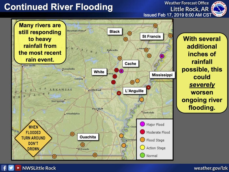 Sections of flooding in the eastern half of the state are at risk of severely worsening due to anticipated heavy rainfall this week, according to this National Weather Service graphic. 