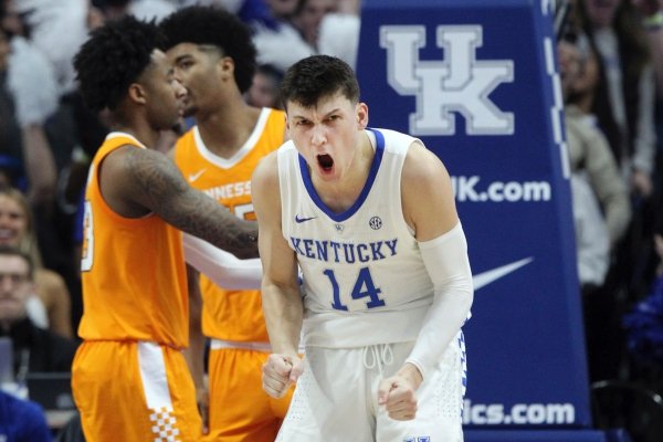 Kentucky's Tyler Herro (14) reacts to a play during the second half of the team's NCAA college basketball game against Tennessee in Lexington, Ky., Saturday, Feb. 16, 2019. Kentucky won 86-69. (AP Photo/James Crisp)