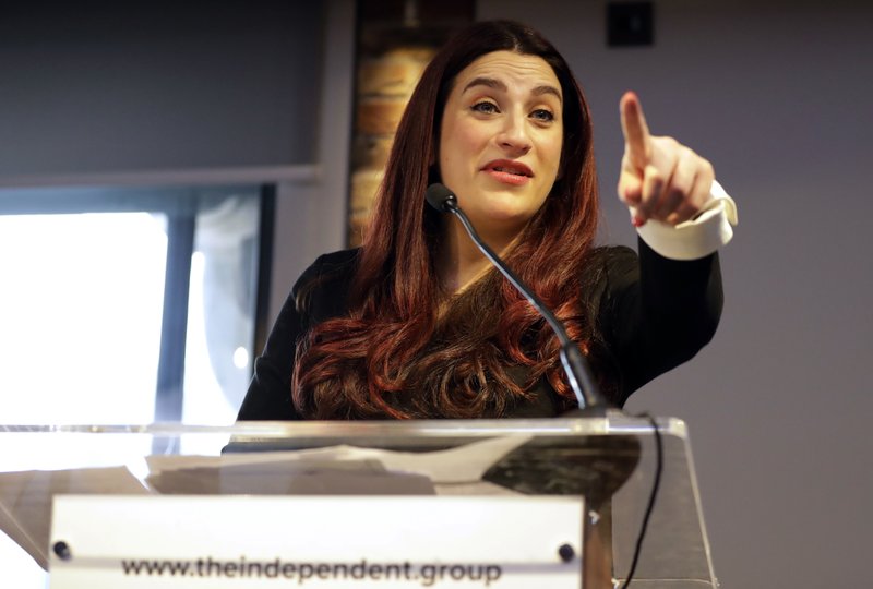 Luciana Berger speaks during a press conference to announce the new political party, The Independent Group, in London, Monday, Feb. 18, 2019. Seven British Members of Parliament say they are quitting the main opposition Labour Party over its approach to issues including Brexit and anti-Semitism. Many Labour MPs are unhappy with the party's direction under leader Jeremy Corbyn, a veteran socialist who took charge in 2015 with strong grass-roots backing. (AP Photo/Kirsty Wigglesworth)