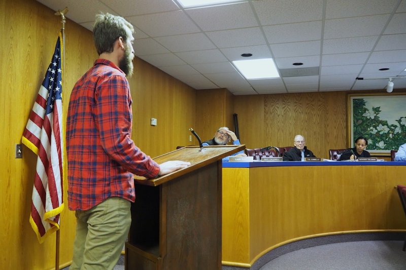 Russell Warren (left) on Monday presents his variance request to operate and maintain an auto body and repair shop at 605 N. Dudney Street to the Magnolia Planning Commission. Also pictured are (second from left to right) Commissioners Leslie Kent, T.G. Connelly, and Natasha Coleman. Not pictured are Chairman Joe Pieratt and Commissioners Zachary Talley, Julia Nipper, and Calvin Daniel.