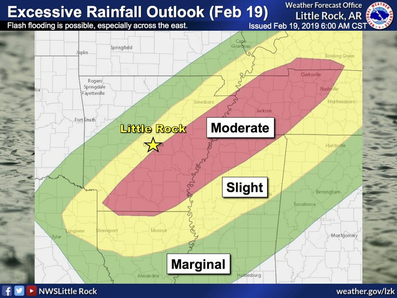 This National Weather Service graphic shows much of the southeastern two-thirds of the state at a marginal to moderate chance of seeing excessive rainfall as rain is expected to begin Tuesday and continue through Saturday. 