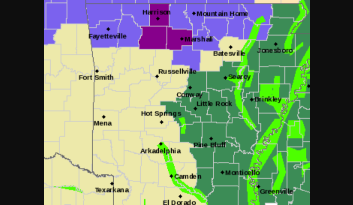 A National Weather Service map showed three Arkansas counties under an ice storm warning Tuesday night.