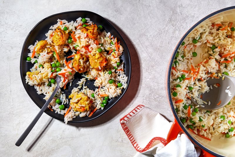 For The Washington Post/STACY ZARIN GOLDBERG Tandoori-Style Shrimp With Rice and Peas
