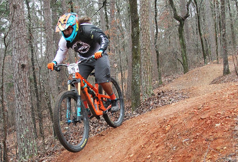 Chris Mills competes in Stage 2 during the Northwoods Enduro, held Sunday, Feb. 17, 2019, at the Northwoods Trails System. Northwoods and Cedar Glades Park was the second stop on the Southern Enduro Tour, a multistate, multi-weekend mountain bike competition. - Photo by Jami Smith of The Sentinel-Record