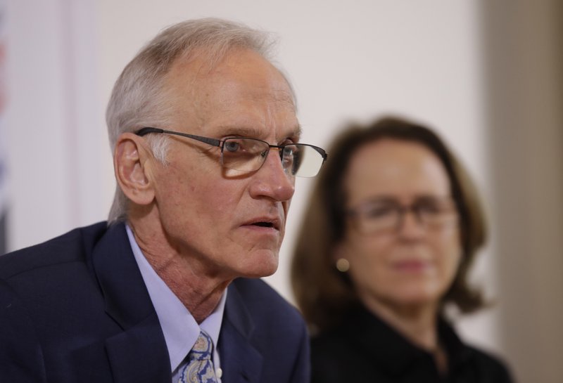 BishopAccountability.org group director Phil Saviano, left, and co-director Anne Barrett Doyle, attends a press conference at the foreign press association in Rome, Tuesday Feb. 19, 2019. (AP Photo/Alessandra Tarantino)