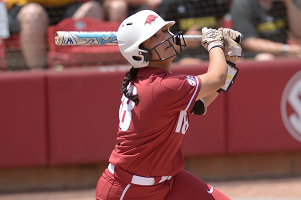 Arkansas' Ashley Diaz bats during a game against Wichita State on Saturday, May 19, 2018, during the NCAA Fayetteville Softball Regional at Bogle Park in Fayetteville. 