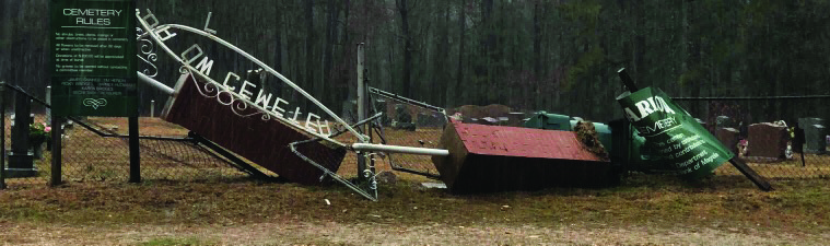 As seen in the photo, the entire front gate, including two brick columns, were knocked over at Barlow Cemetery in Waldo, Thursday afternoon.