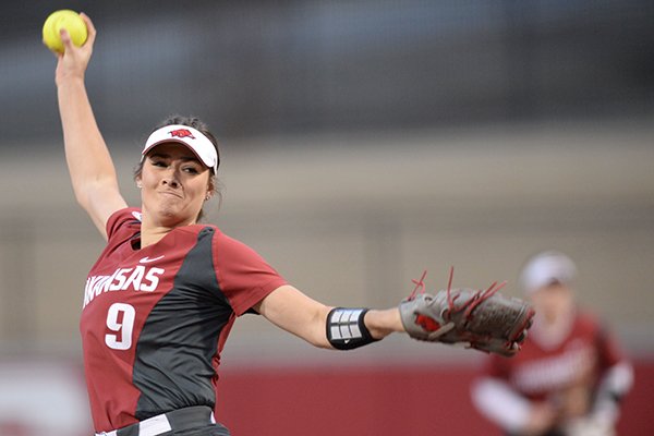 Arkansas starter Autumn Storms delivers a pitch against Southeast Missouri Thursday, Feb. 21, 2019, during the fourth inning at Bogle Park on the university campus in Fayetteville.