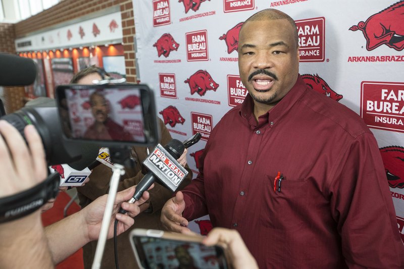 NWA Democrat-Gazette/BEN GOFF @NWABENGOFF
Kenny Ingram, new Arkansas defensive tackles coach, talks to the press Thursday, Feb. 21, 2019, during a press conference with Arkansas football assistant coaches at the Smith Football Center in Fayetteville. 