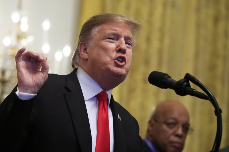 President Donald Trump speaks during a National African American History Month reception in the East Room of the White House in Washington, Thursday, Feb. 21, 2019. (AP Photo/Manuel Balce Ceneta)

