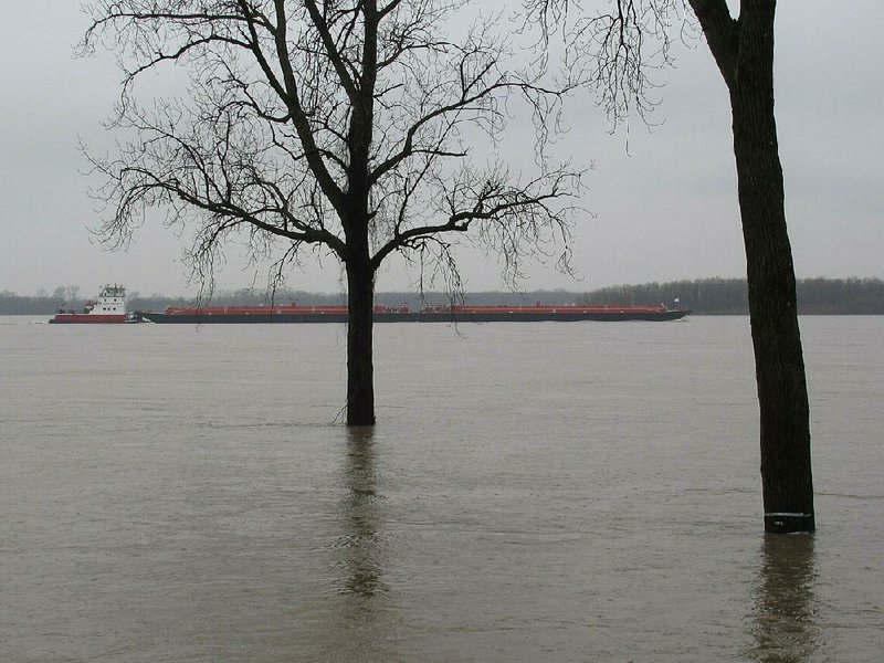 A riverboat pushes its load past a flooded park Friday at Mud Island in Memphis. Heavy rain has caused rivers to rise across the South. Forecasters say today could be worse for parts of eastern Arkansas, northern Mississippi and western Tennessee, with more rain and strong chances of tornadoes. 