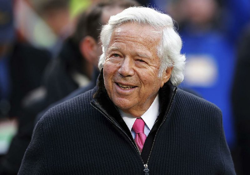 In this Jan. 20, 2019, file photo, New England Patriots owner Robert Kraft walks on the field before the AFC Championship NFL football game between the Kansas City Chiefs and the New England Patriots, in Kansas City, Mo. 