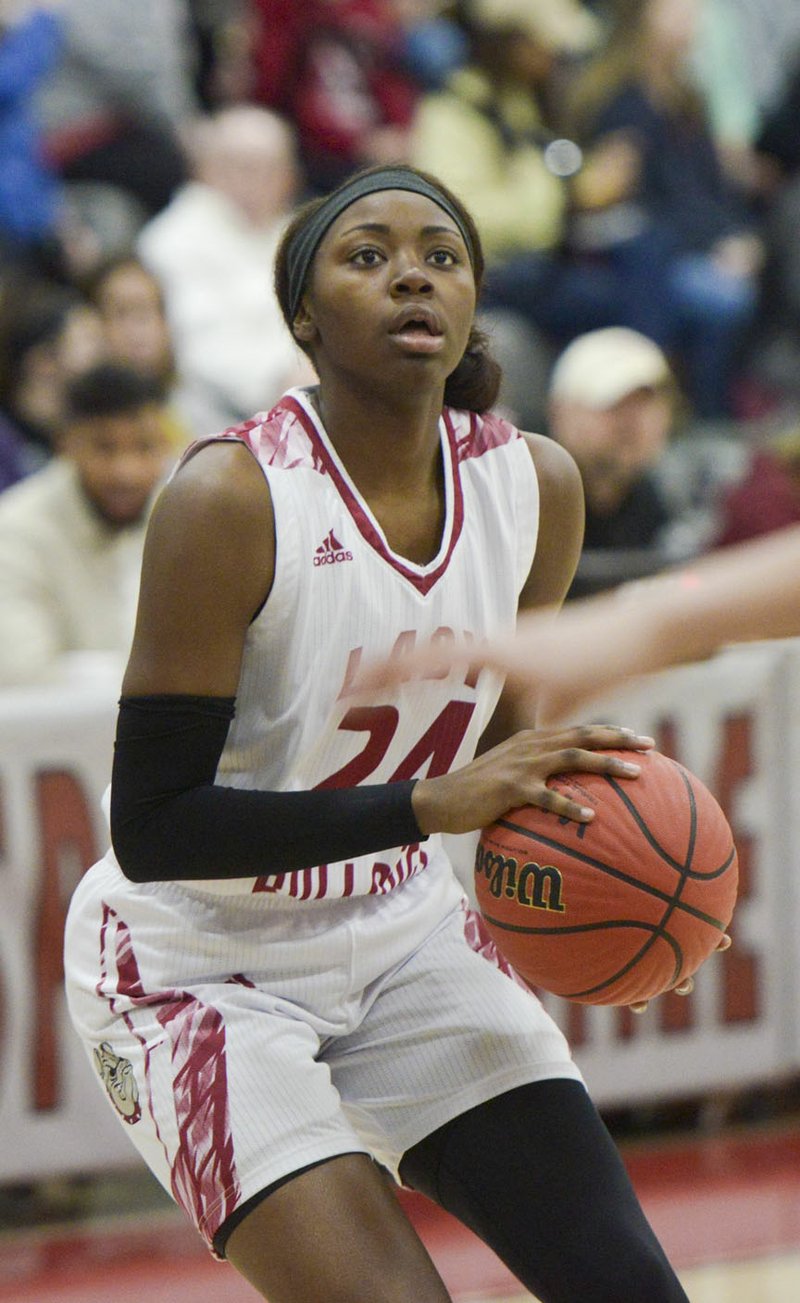 NWA Democrat-Gazette/CHARLIE KAIJO Springdale High School guard Marquesha Davis (24) looks to shoot during a basketball game, Friday, February 22, 2019 at Springdale High School in Springdale.