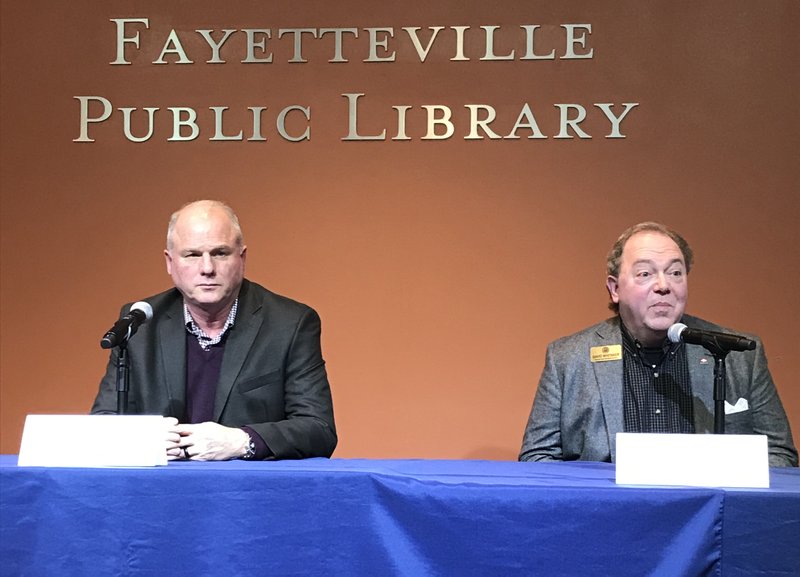 NWA Democrat-Gazette/DOUG THOMPSON Sen. Jim Hendren (left) and Rep. David Whitaker, at a legislature forum Friday, Feb. 22, 2019 hosted by the Fayetteville Chamber of Commerce.