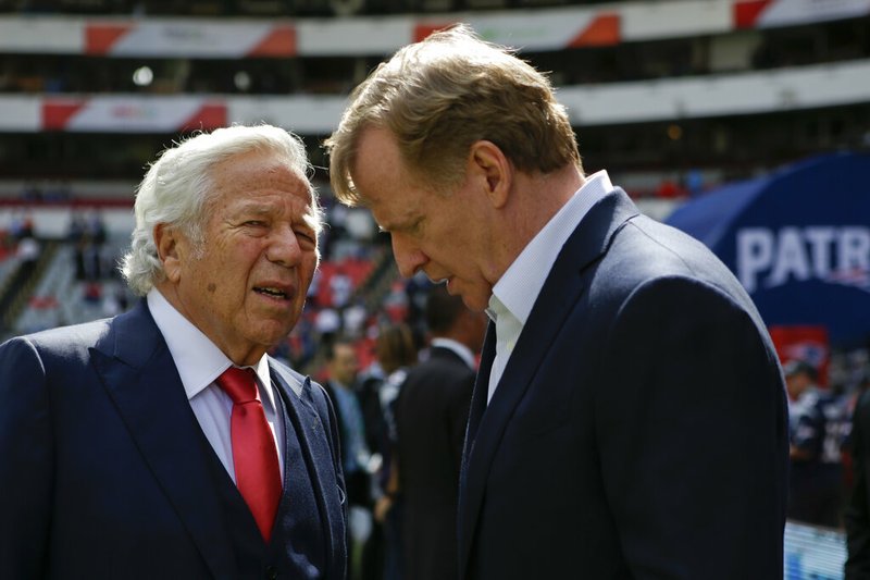 In this Nov. 19, 2017, file photo, NFL Commissioner Roger Goodell, right, talks with New England Patriots owner Robert Kraft before the Patriots face the Oakland Raiders in an NFL football game in Mexico City. Pending the completion of police investigations in Florida, and likely a league probe as well, Goodell could punish Kraft for being charged with two counts of soliciting a prostitute. The 77-year-old Kraft was twice videotaped in a sex act at a shopping-center massage parlor in Florida, police said Friday, Feb. 22, 2019. (AP Photo/Rebecca Blackwell, File)