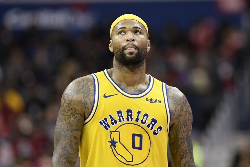 Golden State Warriors center DeMarcus Cousins (0) stands on the court during the second half of an NBA basketball game against the Washington Wizards, Thursday, Jan. 24, 2019, in Washington. 