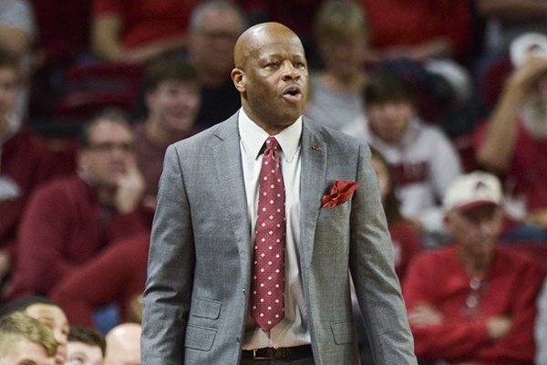 Arkansas Razorbacks head coach Mike Anderson watches his players during a basketball game, Saturday, Feb. 23, 2019, at Bud Walton Arena in Fayetteville.