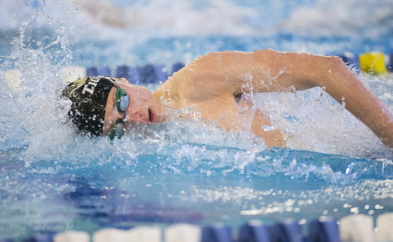 NWA Democrat-Gazette/BEN GOFF @NWABENGOFF Ryan Husband of Bentonville swims in the boys 200 yard freestyle Saturday, Feb. 23, 2019, during the class 6A state swimming championship meet at the Bentonville Community Center. Husband won the event.