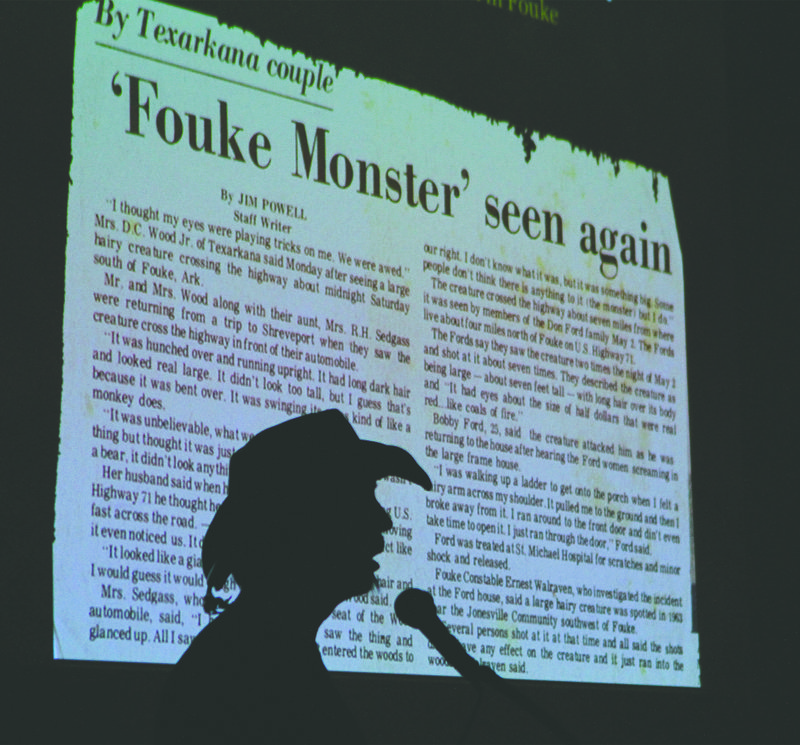 Fouke monster: Author and documentary filmmaker Lyle Blackburn lectures during the “Legend and Lore - The Beast of Boggy Creek” presentation at the Arkansas Museum of Natural Resources on Sunday. Over 120 people attended the event to learn of the infamous Fouke Monster.