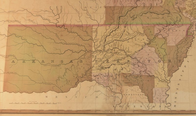 This excerpt of an 1826 map describes the Territory of Arkansas as 500 miles long by 242 miles broad and encompassing 121,000 square miles divided into seven counties. (Historic Arkansas Museum)
