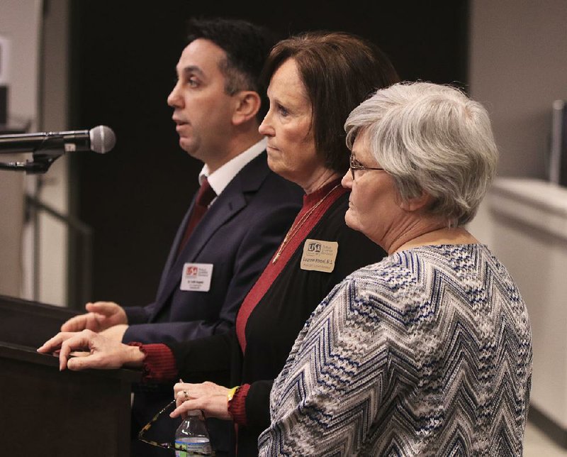 LISA Academy Superintendent Fatih Bogrek (from left), Assistant Superintendent Luanne Baroni and Ozark Montessori Charter School Superintendent Barbara Padgett answer questions Monday during a meeting of the Charter Authorizing Panel in Little Rock. 