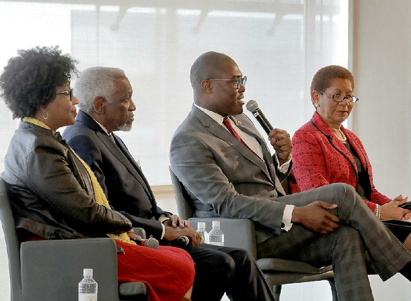 Arkansas mayors (from left) Veronica Smith-Creer of El Dorado, George McGill of Fort Smith, Frank Scott Jr. of Little Rock, and Shirley Washington of Pine Bluff, and the moderator, former Little Rock Mayor Lottie Shackelford, pose for a selfie after a program called “Making History: African-American Mayors in Arkansas” at the Clinton Presidential Center on Monday afternoon. 
