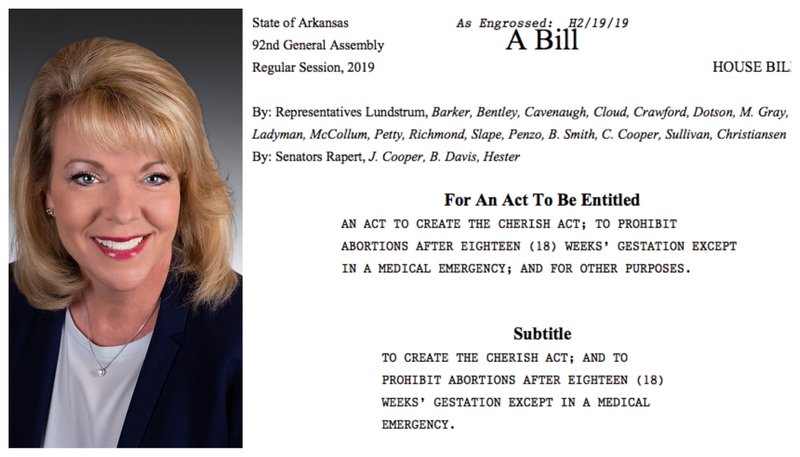 Rep. Robin Lundstrum, R-Elm Springs, is shown next to a screenshot of the first page of House Bill 1439.