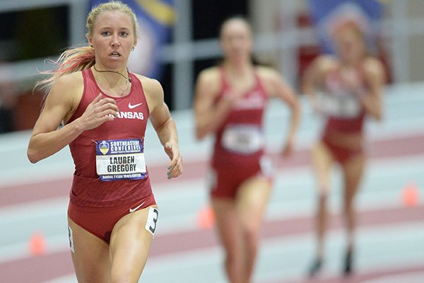 Arkansas' Lauren Gregory nears the finish line in the mile at the Southeastern Conference Indoor Track & Field Championships on Saturday, Feb. 23, 2019, in Fayetteville. The Razorbacks finished 1-2-3 in the event. Arkansas' Lauren Gregory nears the finish line in the mile at the Southeastern Conference Indoor Track & Field Championships on Saturday, Feb. 23, 2019, in Fayetteville. The Razorbacks finished 1-2-3 in the event.