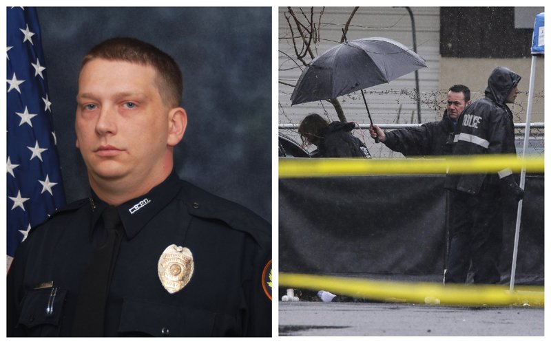 At left, officer Charles Starks is shown in a file photo. At right, police investigate a fatal shooting involving Starks last week in Little Rock.
