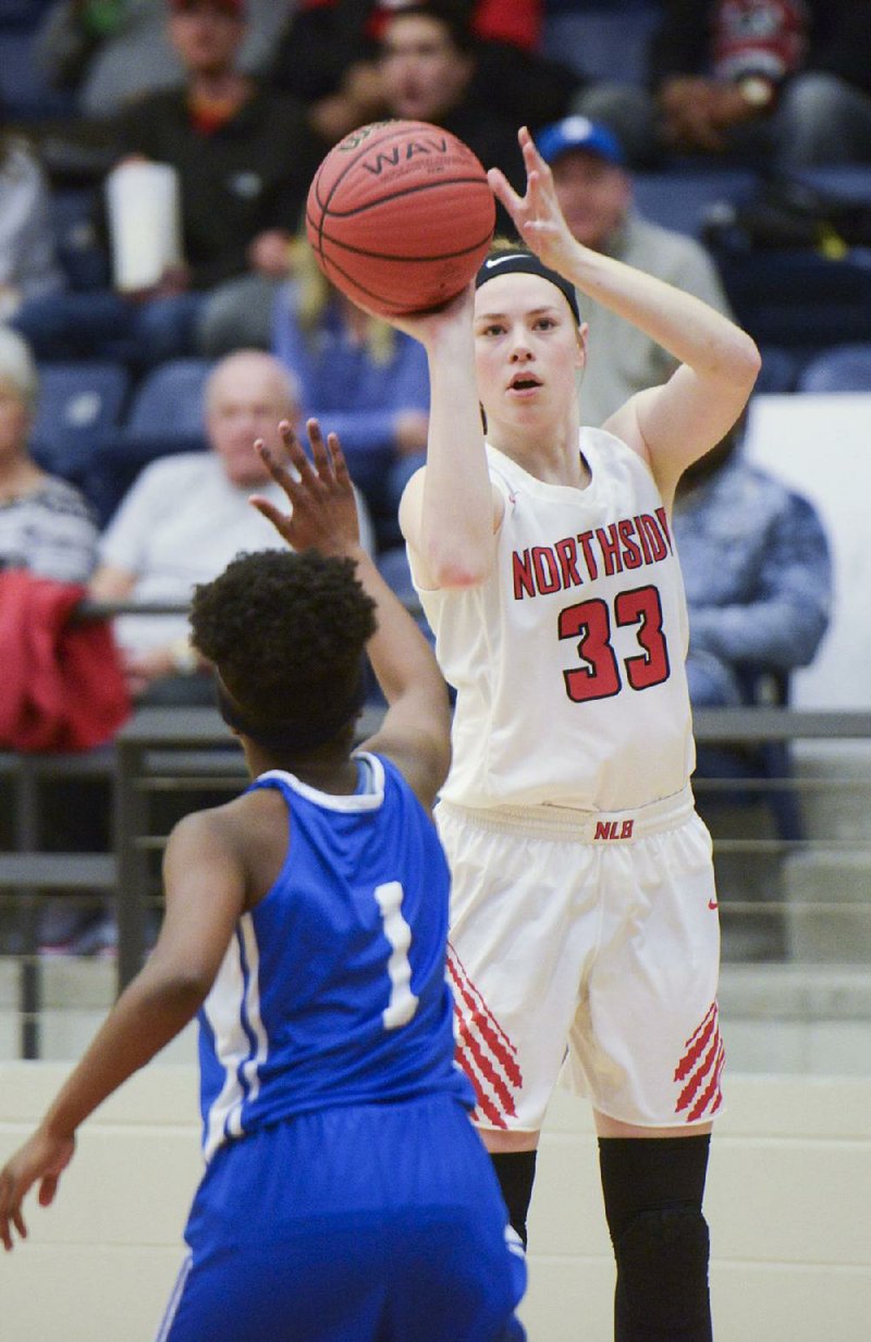 Fort Smith Northside forward Sara Bershers (33) takes a shot over a Bryant defender Thursday during the Lady Grizzlies’ 55-37 victory over the Lady Hornets at the Class 6A state tournament in Centerton.