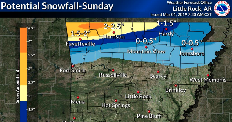 This National Weather Service graphic details snow accumulations expected on Sunday in northern Arkansas.