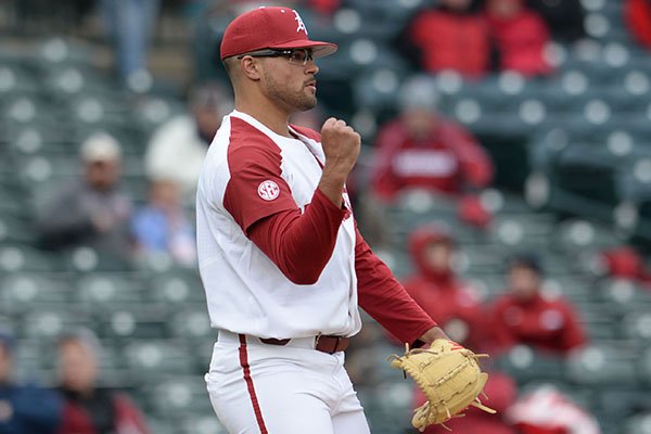 Arkansas pitcher Isaiah Campbell celebrates an out during a game against Stony Brook on Friday, March 1, 2019, in Fayetteville. 