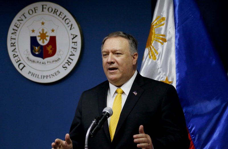 U.S. Secretary of State Mike Pompeo gestures while answering questions during their joint news conference with Philippine Foreign Affairs Secretary Teodoro Locsin Jr. in suburban Pasay city, southeast of Manila, Philippines Friday, March 1, 2019. Pompeo is in the country for talks on the two countries' relations as well as the mutual defense treaty. (AP Photo/Bullit Marquez)