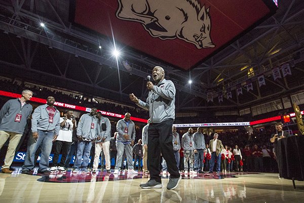 Former Arkansas coach Nolan Richardson talks to the crowd during a reunion of the 1994 Razorbacks basketball national championship team on Saturday, March 2, 2019, in Fayetteville. 