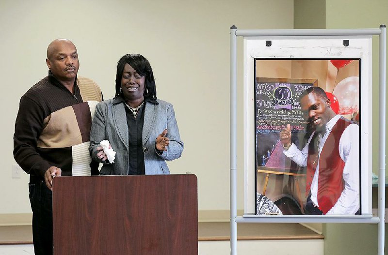 Kimberly Blackshire-Lee (right) addresses the death of her son, Bradley Jamal Blackshire, during a press conference Monday at the Empowerment Center on West 12th Street in Little Rock. Blackshire was killed by a Little Rock police officer Feb. 22. At left is Blackshire-Lee’s husband, DeAngelo Lee.