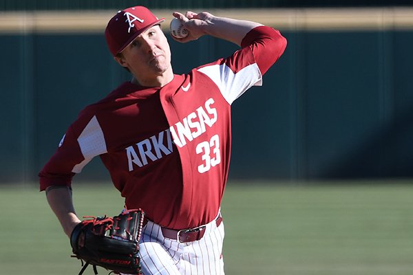 Arkansas pitcher Patrick Wicklander throws during a game against Charlotte on Wednesday, March 6, 2019, in Fayetteville.