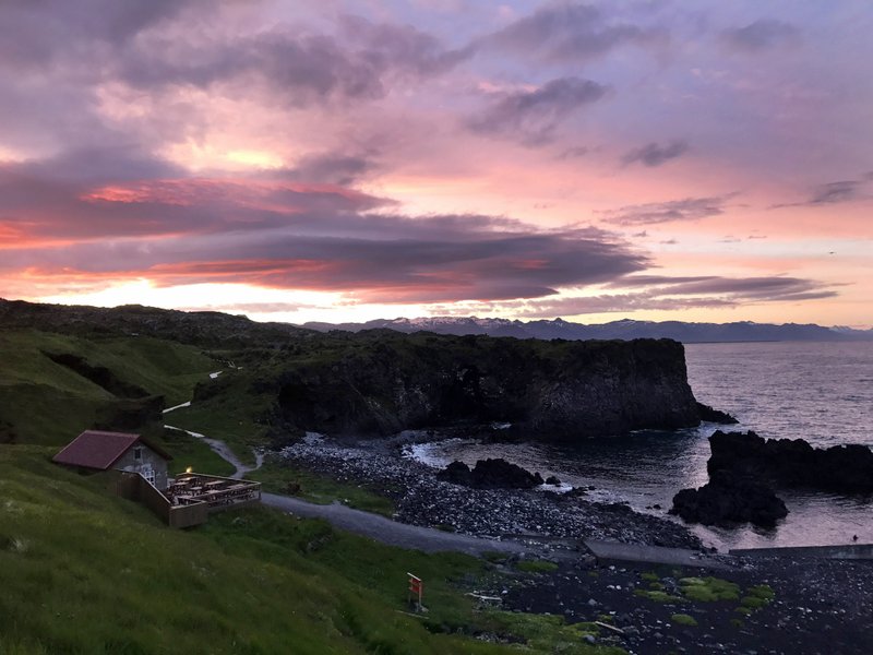 The sun starts to set after midnight in the westernmost part of the Snaefellsnes Peninsula, home to the Bjarnarhofn Shark Museum.