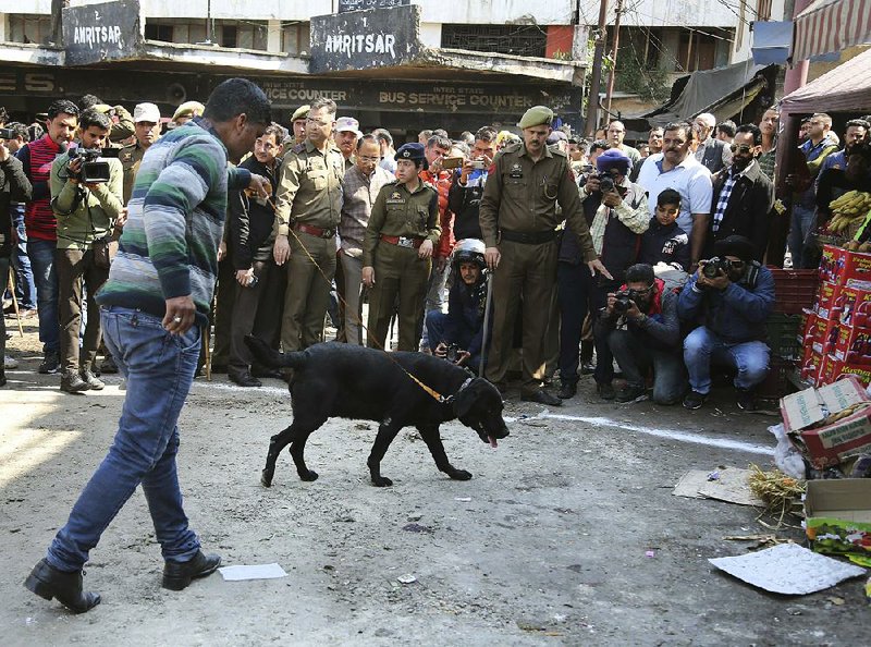 A sniffer dog and policemen inspect the site of a grenade attack Thursday in Jammu, India. 