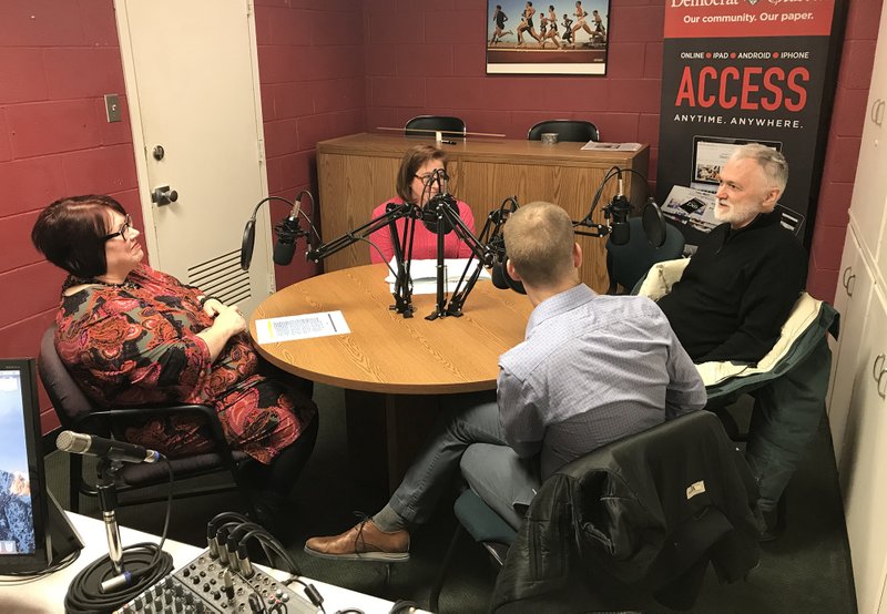 Becca Martin-Brown (from left) and Lara Jo Hightower talk with Martin Miller, executive director of TheatreSquared and Bob Ford, artistic director of TheatreSquared.
