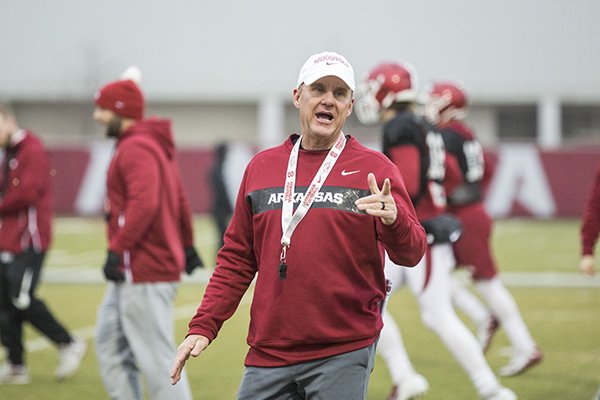 Arkansas coach Chad Morris is shown during practice Thursday, March 7, 2019, in Fayetteville. 