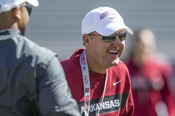 Arkansas coach Chad Morris is shown during practice Saturday, March 9, 2019, in Fayetteville. 