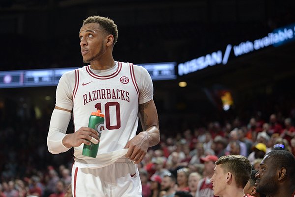Arkansas center Daniel Gafford walks to the bench during a game against Alabama on Saturday, March 9, 2019, in Fayetteville.