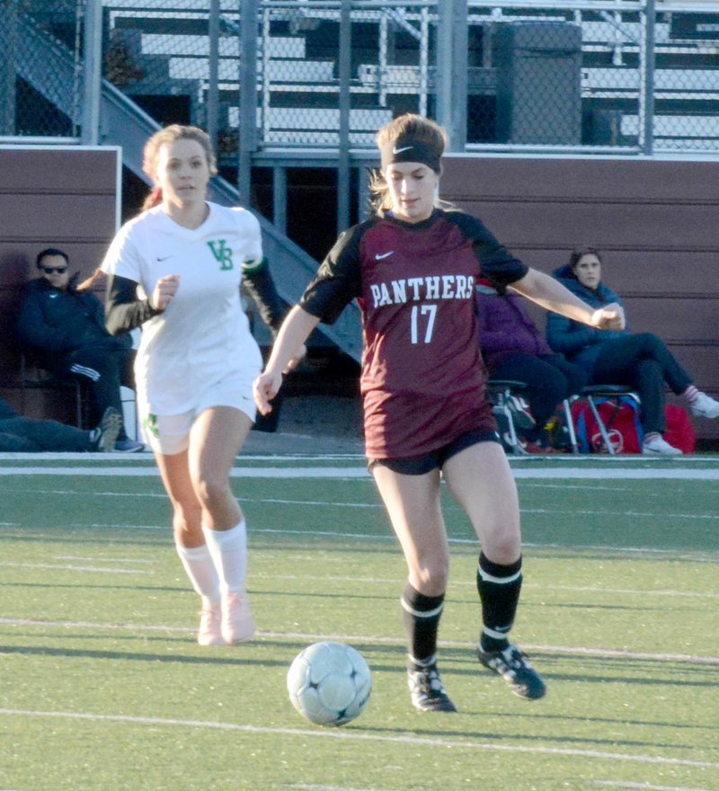 Graham Thomas/Siloam Sunday Siloam Springs senior forward Hadley Crenshaw takes a touch on the ball during the first half of Wednesday's game at Panther Stadium. Crenshaw scored her first goal of the season in the Lady Panthers' 6-0 victory.