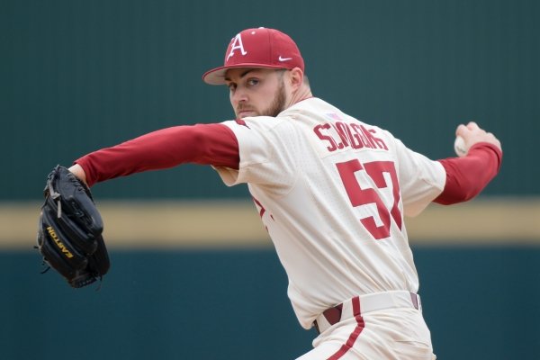 Arkansas Razorbacks Cody Scroggins (57) pitches during a baseball game, Sunday, March 10, 2019 at Baum Stadium in Fayetteville.