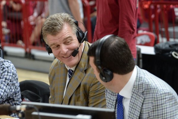 Arkansas letterman and broadcaster Joe Kleine joins the television broadcast crew for the Arkansas-Alabama game Saturday, March 9, 2019, in Bud Walton Arena in Fayetteville. Visit nwadg.com/photos to see more photographs from the game.