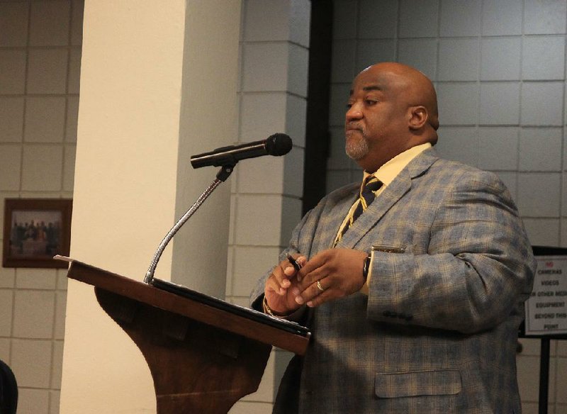 Pine Bluff Police Chief Kelvin Sergeant speaks at Pine Bluff City Hall in this Feb. 23, 2019 file photo.